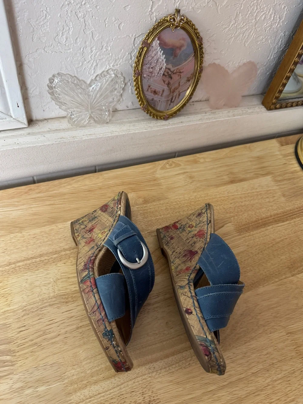 B.O.C. Blue Leather Cork Wedge Slide Sandals Size 7 Y2K Comfort Floral Wedges